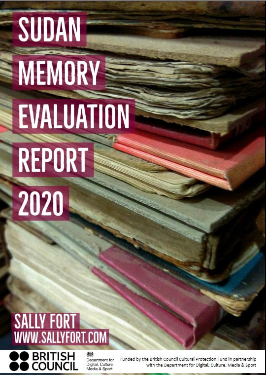 Header, Sudan Evaluation Report 2020. Photo - a large pile of old, dusty, faded, ripped hardback books.