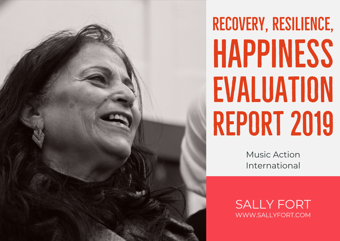 Header - Recovery, Resilience, Happiness Evaluation Report. Photo - balck and white image of a middle aged South Asian woman smiling as she sings.