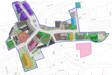 Map of Bacup town centre in black and white. The main street areas are coloured in different colours. This shows where the work is happening.