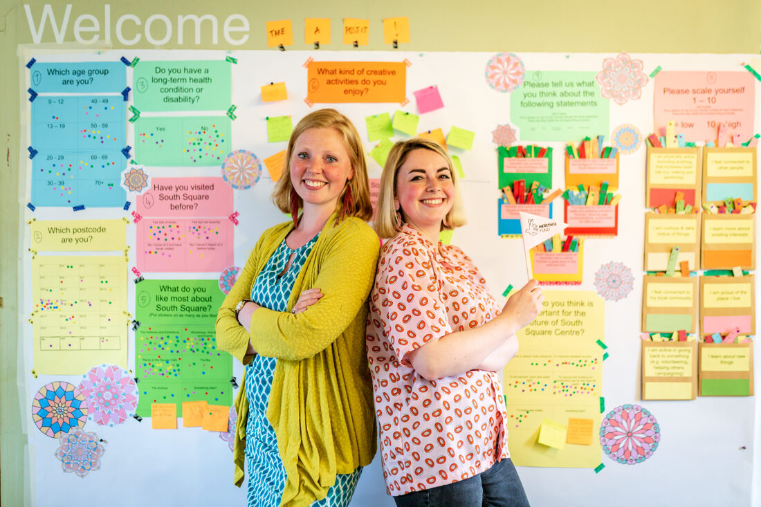 Two young women with shoulder length blonde hair and blue eyes stand back to back turning to the camera and smiling. Behind them is a large white wall covered with bright paper and drawings of mandalas. On each piece of paper is a different question asking what people think about their visit to South Square. Lots of different sticky dots have been added by visitors to give their answer. The two women are the artists who have created the display.